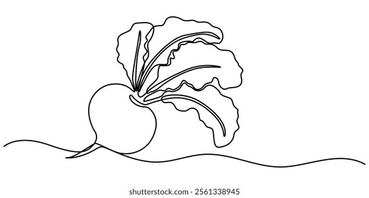 Continuous line drawing whole healthy organic beetroot for plantation logo identity, Vector continuous one single line drawing icon of beetroot with leaf in silhouette on a white background. Linear. 