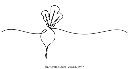 Continuous line drawing whole healthy organic beetroot for plantation logo identity, Vector continuous one single line drawing icon of beetroot with leaf in silhouette on a white background. Linear. 