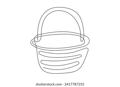 Continuous line drawing of a wicker basket with a handle. Vector illustration isolated on white background. Minimalist style. Design element. Ideal for icon, logo, print, mobile app, coloring book