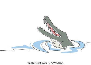 Continuous line drawing of wild crocodile head emerging from river water with open mouth. Dangerous wildlife animal concept for World Croc Day zoo exhibition promotional banner graphic.