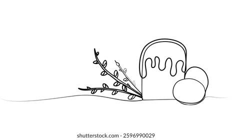 continuous line drawing of willow branch and easter cake with eggs. vector illustration
