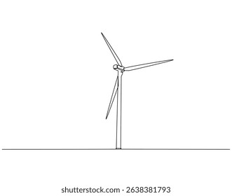 Continuous line drawing of wind turbine. Single line illustration of wind turbine eco energy. Global wind day concept line art. Editable outline