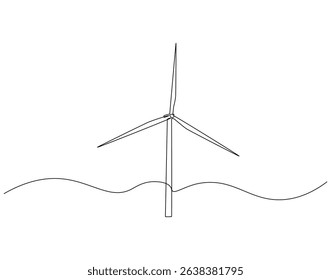 Continuous line drawing of wind turbine. Single line illustration of wind turbine eco energy. Global wind day concept line art. Editable outline
