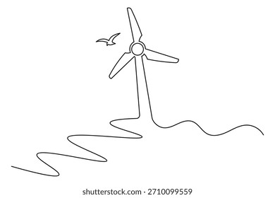 Dibujo continuo de una turbina eólica y un pájaro, que simboliza la energía renovable y la sostenibilidad ambiental.