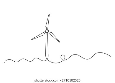 Desenho de linha contínua de uma turbina eólica, representando conceitos de energia renovável e geração de energia sustentável.