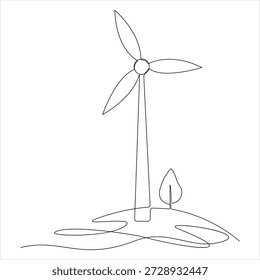 Dibujo continuo de la línea de la turbina eólica y de la energía renovable del árbol
