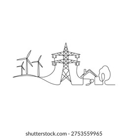 Continuous line drawing of wind turbines power lines a house and trees