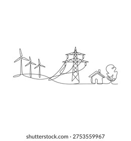 Continuous line drawing of wind turbines power lines a house and trees
