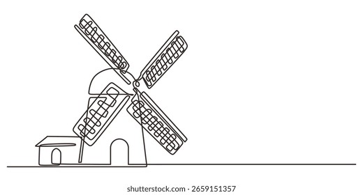 Dibujo de línea continuo de un edificio de molino de viento. Concepto de paisaje rural y granja tradicional. Una línea de arte dibujado a mano estilo. Ilustración vectorial minimalista con trazo editable.