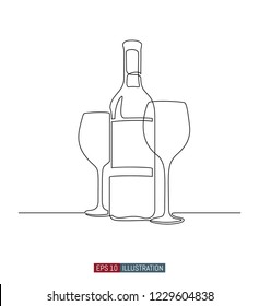 Continuous line drawing of wine bottle and glasses. Template for your design works. Vector illustration.