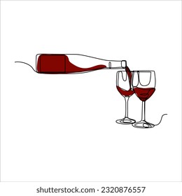 dibujo continuo de la botella de vino con vidrio