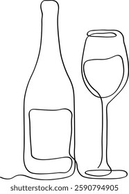Continuous Line Drawing Wine Bottle and Glass Graphic