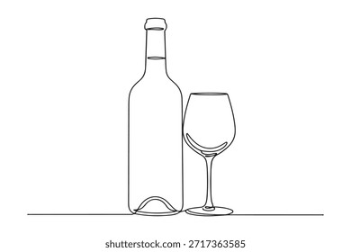 Kontinuierliche Linienzeichnung einer Weinflasche und eines Glases auf weißem Hintergrund Schlagwörter: Wein, Flasche, Glas