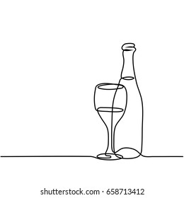Continuous line drawing. Wine bottle and glass contour. Black outline vector.