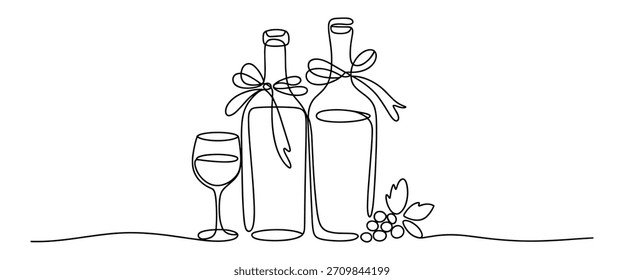 Dibujo de línea continua de botellas de vino con arcos y vidrio