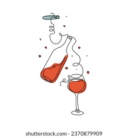 Continuous line drawing wine glass, bottle and corkscrew. National Wine Day. Line art style vector illustration for cards, logo, menu.
