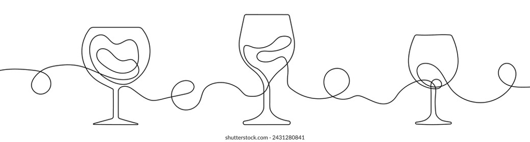 Continuous line drawing of wine glass. One line drawing background. Vector illustration. Single line wine glass icon.