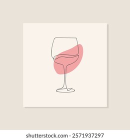 Continuous line drawing of a wine glass with abstract pink shape on beige background. Minimalist vector illustration. Modern art design for posters, cards, and prints.