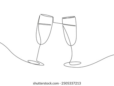 Dibujo de línea continua de copas de vino Boceto negro sobre fondo blanco. Dos Vasos Simple Una Línea De Dibujo. Ilustración de dibujo de mano mínima para café, fiesta, Festiva, invitación. Vector EPS 10