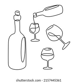 continuous line drawing wine on white background, wine bottles and wine glasses