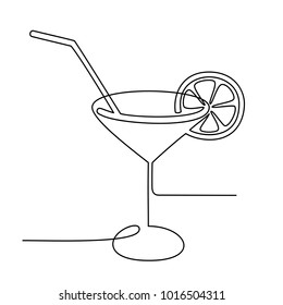 Continuous line drawing. Wineglass with cocktail and lemon. Isolated on white background. Hand drawn vector illustration. 