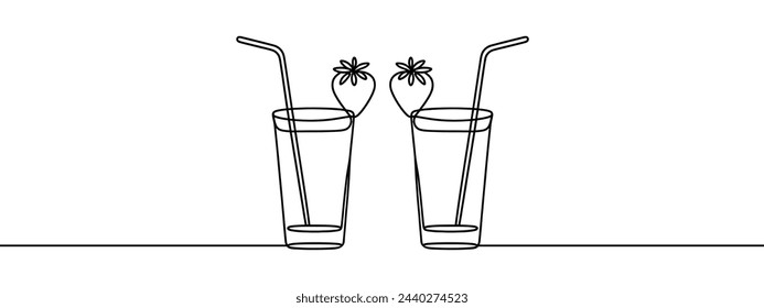 Continuous line drawing. Wineglass with cocktail and lemon. Isolated on white background. Hand drawn vector illustration