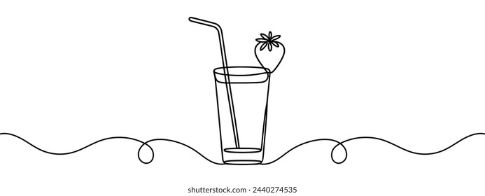 Continuous line drawing. Wineglass with cocktail and lemon. Isolated on white background. Hand drawn vector illustration