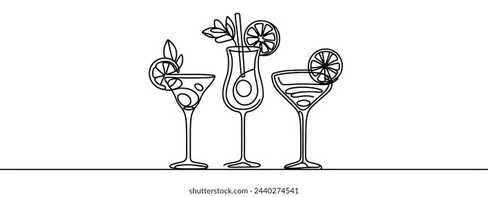 Continuous line drawing. Wineglass with cocktail and lemon. Isolated on white background. Hand drawn vector illustration