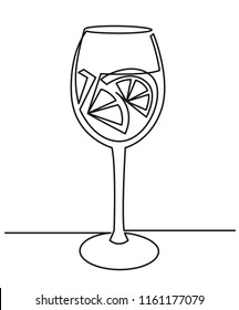 Continuous line drawing. Wineglass with wine or coctail. Isolated on white background One Line art of wine glass with citrus Fun concept celebrates. Hand drawn vector illustration.