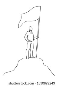 Continuous line drawing of winner holding flag on mountain. Simbol of success. Vector illustration