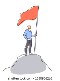 Continuous line drawing of winner holding flag on mountain. Simbol of success. Vector illustration