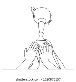 Continuous line drawing of winner holding and raising champion trophy