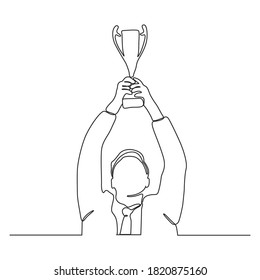 Continuous line drawing of winner holding and raising champion trophy