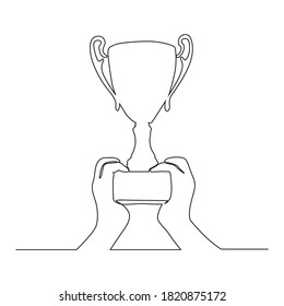 Continuous line drawing of winner holding and raising champion trophy