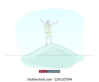 Continuous line drawing of winner man on mountain peak. Climber on mountain top silhouette. Victory symbol. Template for your design works. Vector illustration.