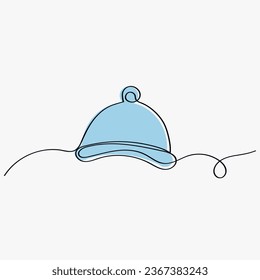 Continuous line drawing of a winter, autumn hat. Winter hat, one line icon. Vector illustration. Black icon of winter hat with color spot