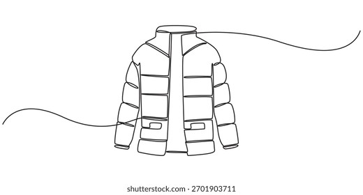 Desenho de linha contínua de uma jaqueta de inverno com capuz, desenho de linha contínua de uma jaqueta de puffer, arte minimalista de uma linha de uma jaqueta casual, casaco de inverno com capuz	
