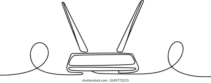 Continuous line drawing of a wireless router with antennas and cables in minimalist black and white single line art style

