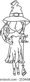 Continuous line drawing of a witch holding her broomstick, line art, vector
