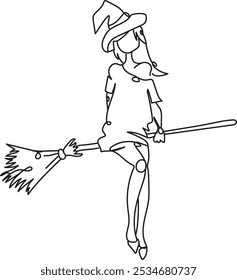 Continuous line drawing of a witch riding on her broomstick, line art, vector
