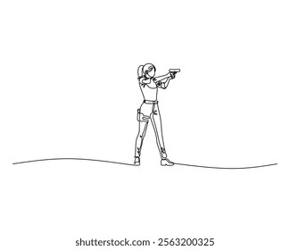 Continuous line drawing of a woman aiming a gun, representing focus, precision, and strength. Ideal for concepts of law enforcement, self-defense, and shooting sports