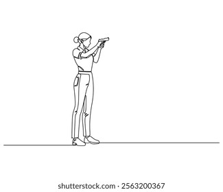 Continuous line drawing of a woman aiming a handgun. Minimalist vector illustration of female shooter. Single line art for sport shooting, self-defense, or training.