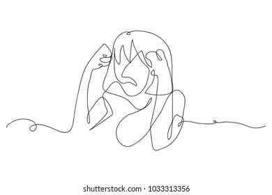 Continuous Line Drawing Of A Woman Angry Vector Illustration.