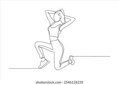 A continuous line drawing of a woman in athletic wear, posing in a fitness-inspired stance.