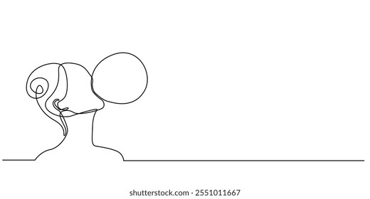 continuous line drawing of woman blowing gum.one line drawing of woman blowing gum balloon.single line vector illustration.isolated white background