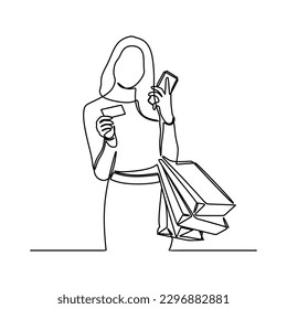 continuous line drawing of woman carrying shopping bags