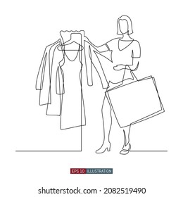 Continuous line drawing of Woman in a clothing store. The girl with a bag chooses a dress. Template for your design works. Vector illustration.