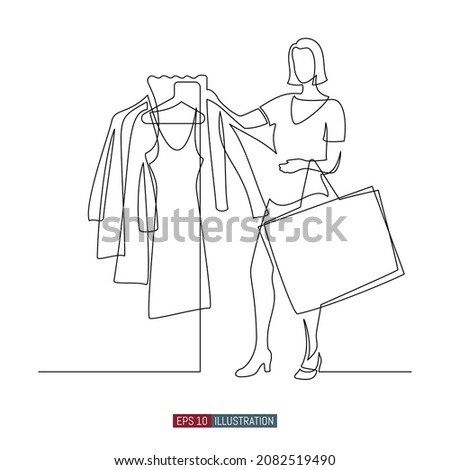 Continuous line drawing of Woman in a clothing store. The girl with a bag chooses a dress. Template for your design works. Vector illustration.