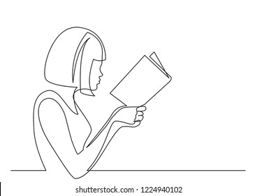 continuous line drawing of woman concentrated on reading interesting book