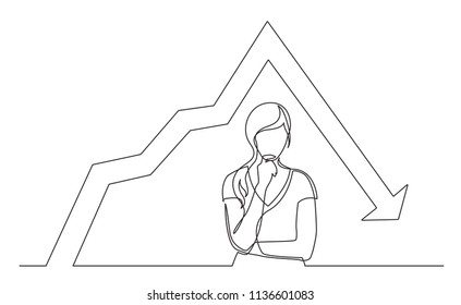 continuous line drawing of woman confused thinking about decreasing graph